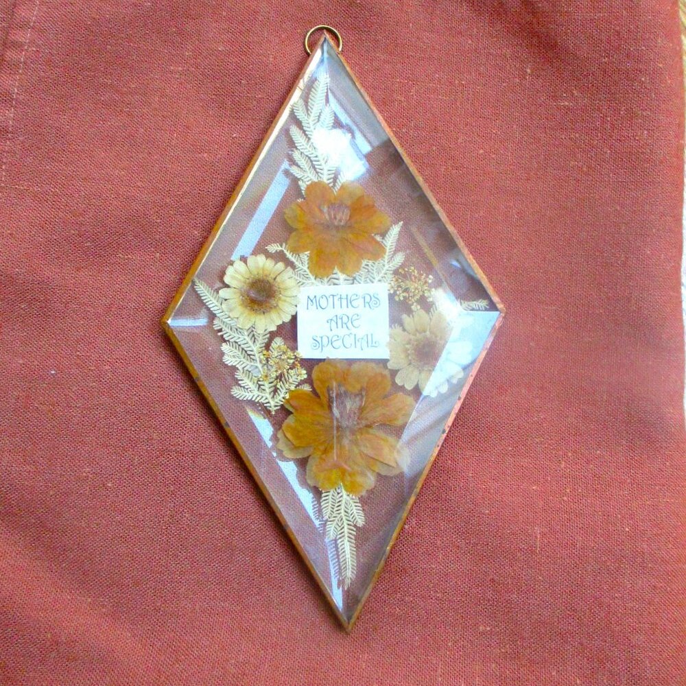 Vintage Pressed Flower Image Suncatcher "MOTHERS ARE SPECIAL" Note handcrafted